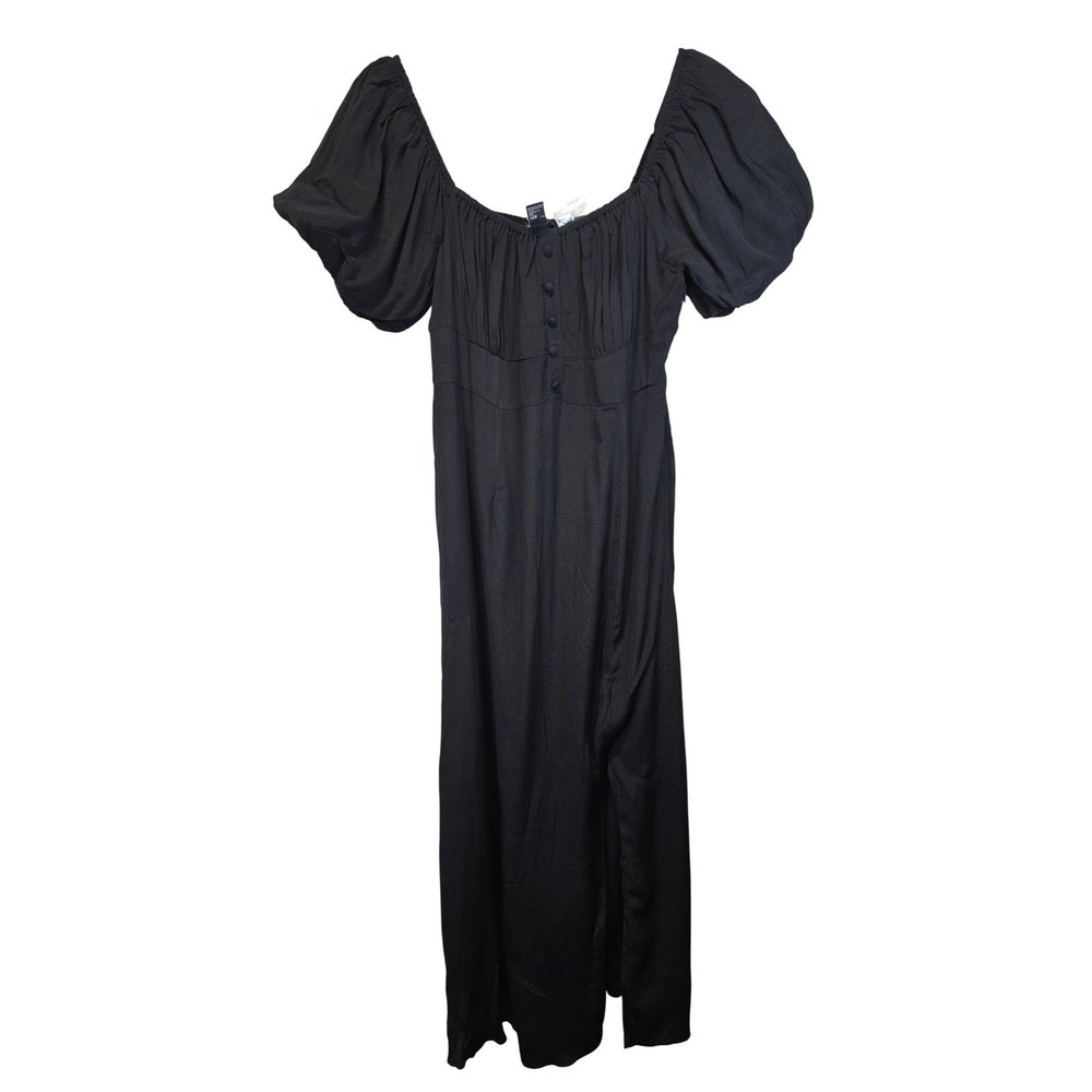 Forever 21 Black Puff Sleeve Milkmaid Midi Dress‎ Button Front Side Slit Medium